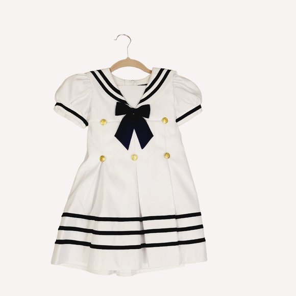 Toddler Sailors Dress USA Made Blue White Gold Anchor Buttons Cap Bow Nautical 3 - Picture 1 of 9